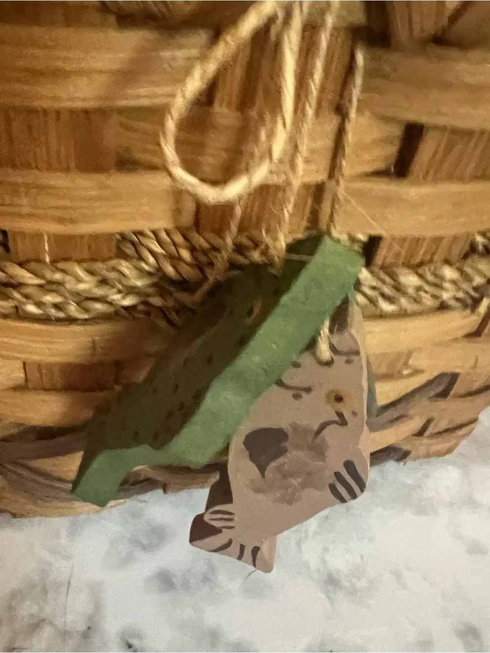 Vintage Brown Woven Basket with Wooden Handle and Fish Charm